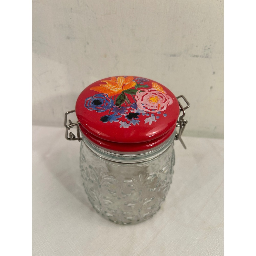 The Pioneer Woman Glass Storage Jar 6in Red Floral Lid Embossed Scroll Clear